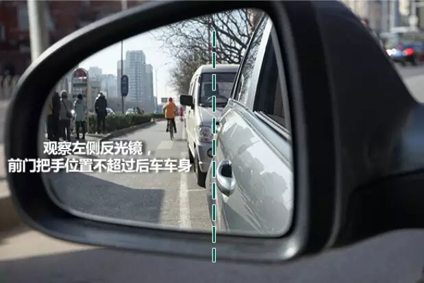 观察左侧反光镜，左前门把手不突出后方车辆车身